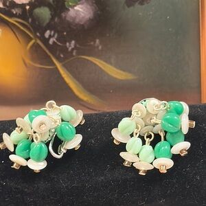 Japan Molded Glass Shades of Green Cluster Vintage Clip Earrings - 1 1/4”